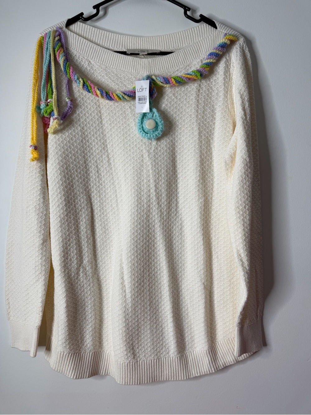 LOFT Cream Off-the-Shoulder Sweater with Multicolor Rope Accent